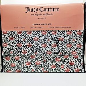 Juicy Couture Queen Sheet Set 6 Pieces Black White Cheetah Print With Red Crowns